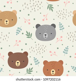 Cute teddy bears background, seamless pattern, hand drawn forest, vector illustration