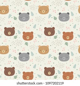 Cute teddy bears background, seamless pattern, hand drawn forest, vector illustration