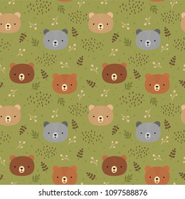 Cute teddy bears background, seamless pattern, hand drawn forest, vector illustration