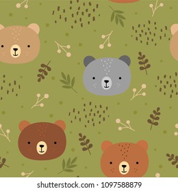 Cute teddy bears background, seamless pattern, hand drawn forest, vector illustration