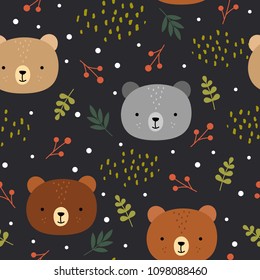 Cute teddy bears background, seamless pattern, hand drawn forest, vector illustration