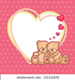 Cute Teddy bears and big heart, vector illustration