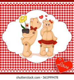 Cute Teddy bears and big heart, vector illustration