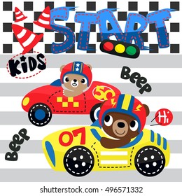 Cute teddy bears cartoon driving race car on race track illustration. /Vector print for children wear.