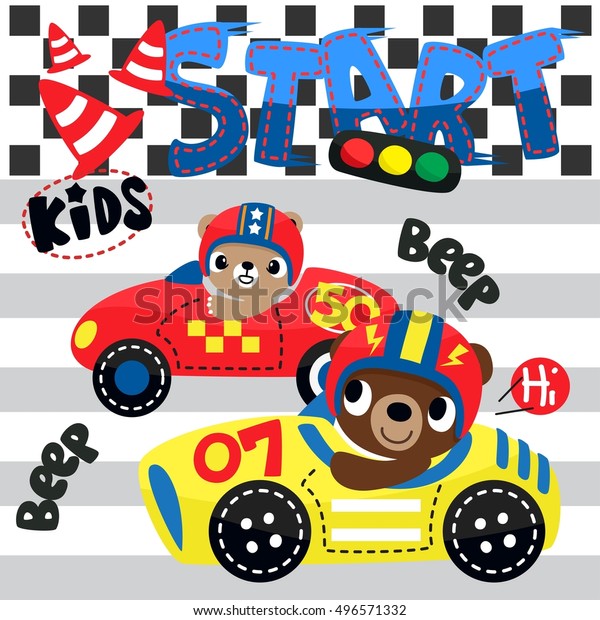 Cute teddy bears cartoon\
driving race car on race track illustration. /Vector print for\
children wear.
