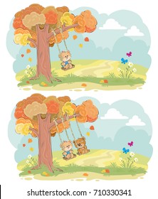 Cute teddy bears children swinging on tree swing on meadow cartoon vector set. Autumn romance, boy and girl friendship, tender romantic feeling concept for greeting card design, kids book illustration