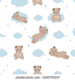 Osos de peluche con estrellas de nubes y lunas. Espacio de diseño de tela sin inconvenientes para el diseño de niños