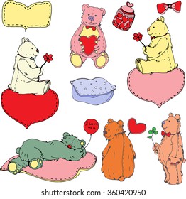 Cute teddy bears collection. Valentine day  card design. Vector illustration.