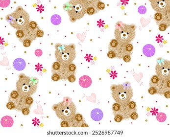 Osos de peluche lindos con cintas de colores, bolas y corazones rosados sin patrón sobre fondo blanco