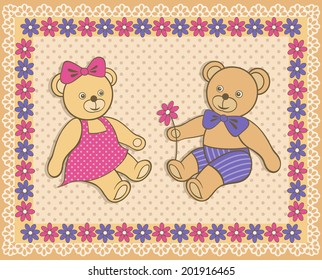 Cute Teddy bears. Colorful vector illustration. Happy birthday card. Beige background with toys.