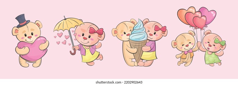 Cute teddy bears couple valentine watercolor hand drawn cartoon illustration