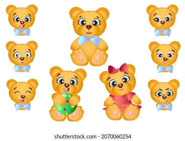 Cute teddy bears with different characters and emotions. Different expressions of the faces of bears. Vector illustration in cartoon childish style