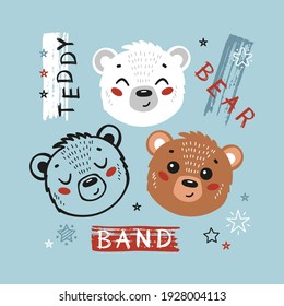 Cute Teddy Bears Drawing for Tee Print for Kids. Little Bear Heads. Vector Baby Animals