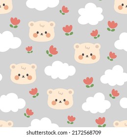 Cute teddy bears face with clouds and red flowers on a pastel grey background. Kids kawaii animals seamless pattern for pajama print, wrapping paper, baby clothes