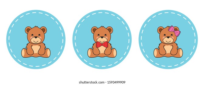 Cute teddy bears, girl and boy in circles