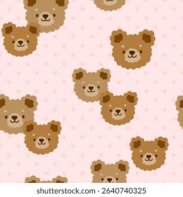 Cute teddy bears hand-drawn faces with polka dot pastel pink texture, seamless pattern background.