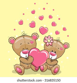 Cute Teddy Bears with heart on a yellow background