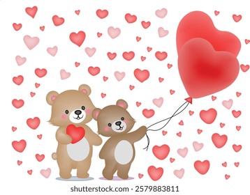 Cute teddy bears with hearts. Illustration of love and tenderness of two cute teddy bears against the background of many colorful hearts.