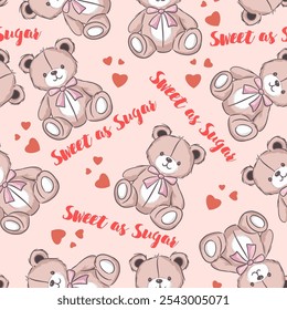 Cute teddy bears with hearts and text seamless pattern on a soft pink background, perfect for children or fabric design