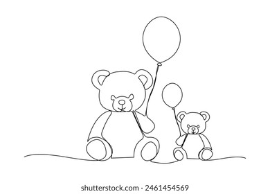 Lindos osos de peluche sosteniendo globo de dibujo de una línea. Teddy toy cumpleaños tema contínuo contorno de Vector.