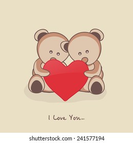 Cute teddy bears holding red heart with text I Love You for Happy Valentine's Day and other occasion celebration.