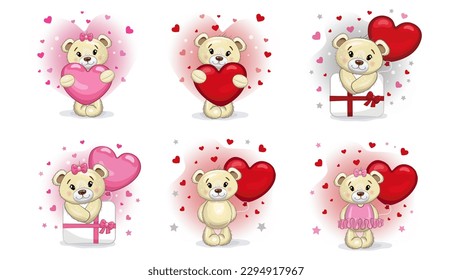 Cute Teddy bears love set.  Cartoon style illustration. Teddy bear, present, heart isolated on white background.
