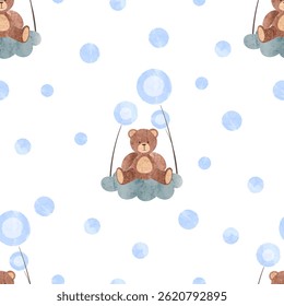 Cute teddy bears on clouds. Vector seamless pattern for kids. Baby shower print