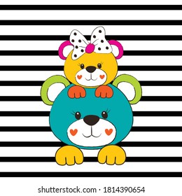 cute teddy bears on striped background vector illustration, T-shirt graphics design for kids