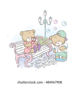 Cute teddy bears in the park. Bears with soap bubbles near the benches and lamp. Friendship and love. Rendezvous in the Park. Vector illustration for a card or poster. Print on clothes.
