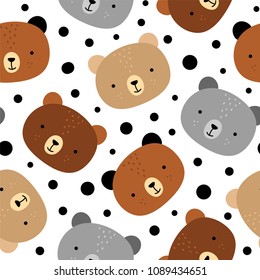 Cute teddy bears pattern, seamless background, hand drawn cartoon with dot, vector illustration