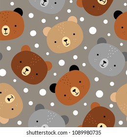 Cute teddy bears pattern, seamless background, hand drawn cartoon with dot, vector illustration