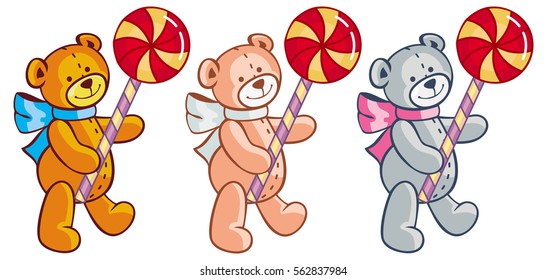 Cute teddy bears playing with  candies. Children toys. Vector clip art.