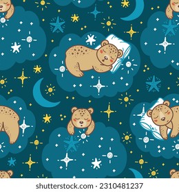 Cute Teddy Bears Seamless Night Pattern. Childish Background with Sleeping Little Bear Cubs on Clouds with Stars and Moon. Vector Baby Colorful Wallpaper. Great for Baby Pajamas or Bedding.