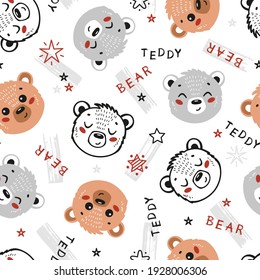 Cute Teddy Bears Seamless Pattern. Childish Background with Little Bear Heads. Vector Baby Animals Drawing for Tee Print for Kids