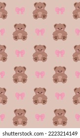 Cute Teddy Bears seamless pattern. Bear girl funny character. Wrapping paper, interior wallpaper, print, design template. Vector illustration. 