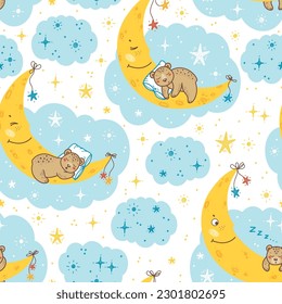 Cute Teddy Bears Seamless Pattern. Childish Background with Sleeping Little Bear Cubs on Moon with Stars and Clouds. Vector Baby Colorful Wallpaper.