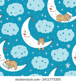 Cute Teddy Bears Seamless Pattern. Childish Background with Sleeping Little Bear Cubs on Moon with Stars and Clouds. Baby Wallpaper. Vector Illustration