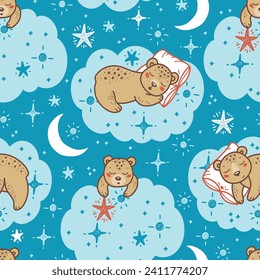 Cute Teddy Bears Seamless Pattern. Childish Background with Sleeping Little Bear Cubs on Clouds with Stars and Moon. Baby Wallpaper. Great for Baby Pajamas or Bedding. Vector Illustration