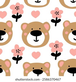 Cute teddy bears seamless pattern for baby designs. Adorable animals, pink flower for nursery wallpaper, kindergarten decor, baby shower product. Cartoon bear heads print for fabric, clothes, textile.