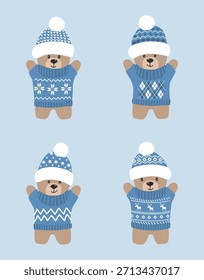 Lindo conjunto de osos de peluche. Juguetes de Oso de Navidades. Osos de bebé divertidos en sombreros azules, suéteres. Linda Colección de Juguetes Suaves. Ilustración vectorial en azul, blanco, marrón sobre azul claro