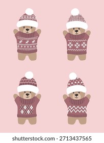 Lindo conjunto de osos de peluche. Juguetes de Oso de Navidades. Osos de bebé divertidos en sombreros de color rosa oscuro, suéteres. Linda Colección de Juguetes Suaves. Ilustración vectorial en Rosa, Blanco, Marrón