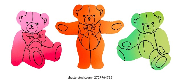 Conjunto de lindos osos de peluche. Colores degradados. Personajes divertidos. Día de San Valentín, amor, romance, juguete, concepto de regalo. Estilo de dibujos animados. Ilustración vectorial dibujada a mano. Tarjeta de felicitación, impresión, Plantilla de diseño