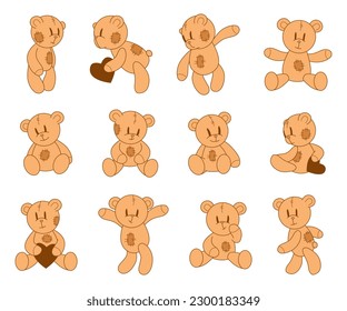 Geringe Teddybären setzen. Shaggy Cartoon Bär Spielzeug mit Seen in verschiedenen Posen. Kawaii-Maulkorb. Schmeißt den Freund. Liebe Geschichte Geburtstagsfeier Geburtstagsfeier Baby geboren Karte Design. Vektorgrafik.