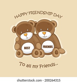 Cute teddy bears sitting together on beige background for Happy Friendship Day. 
