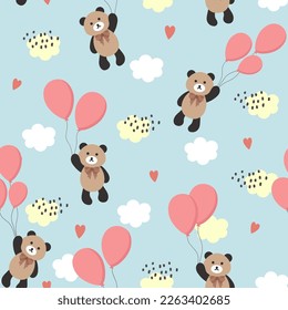cute teddy bears in the sky with bright balloons on a blue seamless background. Kids vector pattern with kawaii animals.