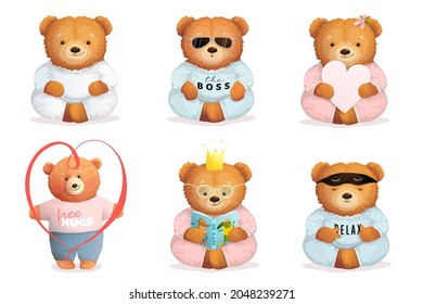 Cute Teddy Bears sleeping, reading, in love and meditating or sitting like a boss. Funny adorable vector graphics collection for kids design.