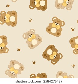 Cute teddy bears texture seamless pattern backgroud, baby animals beige and brown bears in a yellow bow tie and paws.