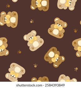 Cute teddy bears texture seamless pattern dark backgroud, baby animals beige and brown bears in a yellow bow tie and paws.