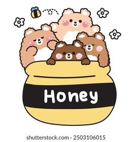 Lindos ositos de peluche varias poses en un gran tarro de miel con flor y abeja sobre fondo blanco. Diseño de dibujos animados de personajes de animales salvajes. Kawaii. Vector. Ilustración.