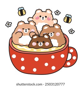 Nette Teddybären verschiedene Posen in großen Honig-Tasse mit Blume und Biene auf weißem Hintergrund.Wilde Tierfigur Cartoon-Design.Kawaii.Vektor.Illustration.